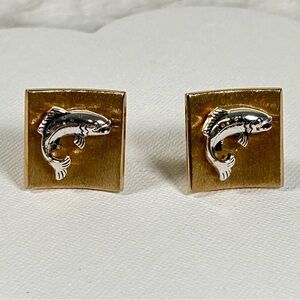 Vintage Swank Trout Fishing Cufflinks Brushed Gold Silver Signed Circa 1950s